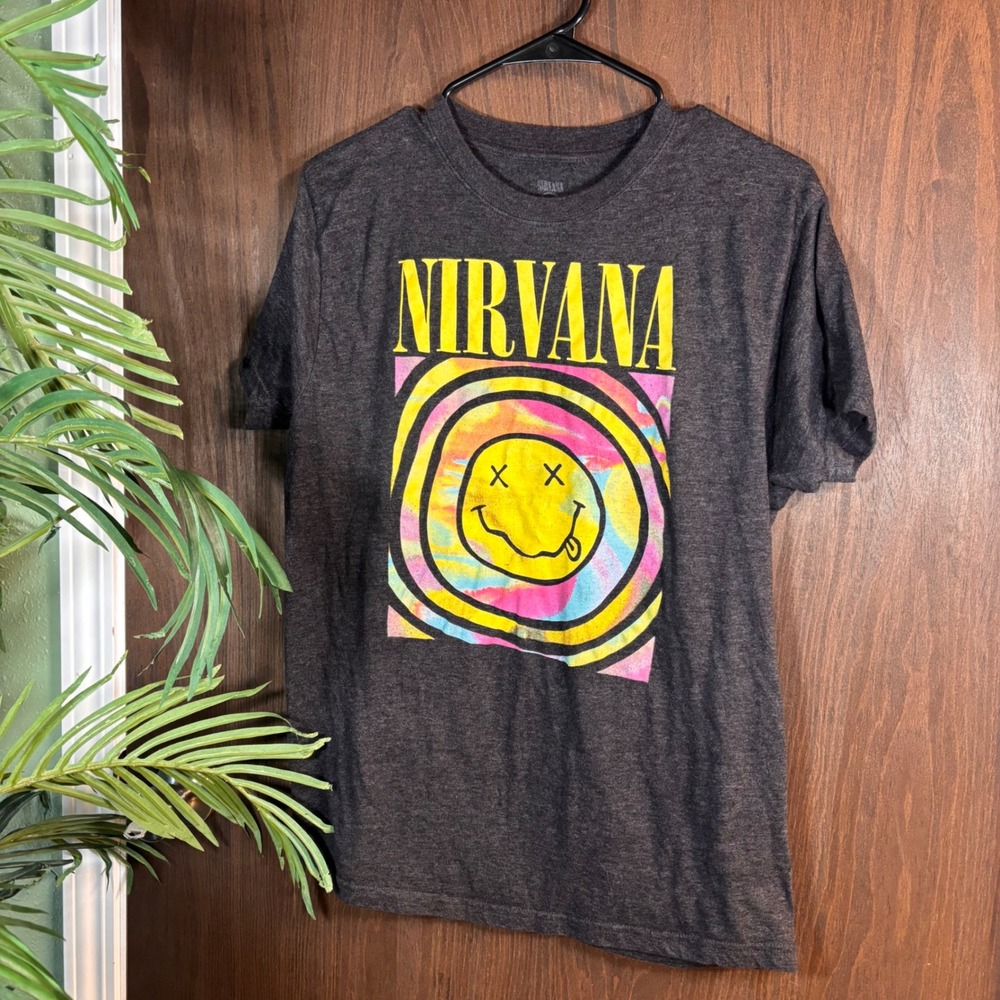 Nirvana Smiley Face Graphic Band Tee Gray Short Sleeve T-Shirt Size Large